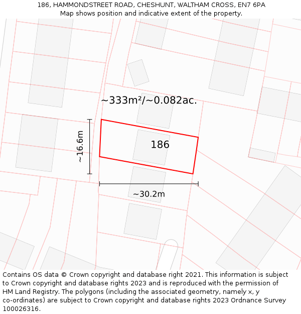 186, HAMMONDSTREET ROAD, CHESHUNT, WALTHAM CROSS, EN7 6PA: Plot and title map