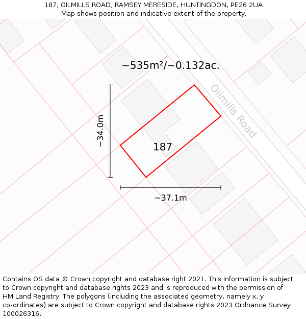 187, OILMILLS ROAD, RAMSEY MERESIDE, HUNTINGDON, PE26 2UA: Plot and title map