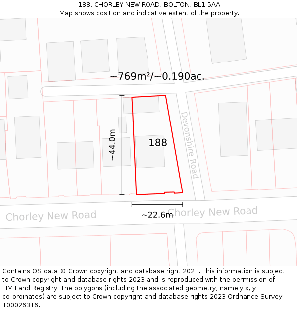 188, CHORLEY NEW ROAD, BOLTON, BL1 5AA: Plot and title map