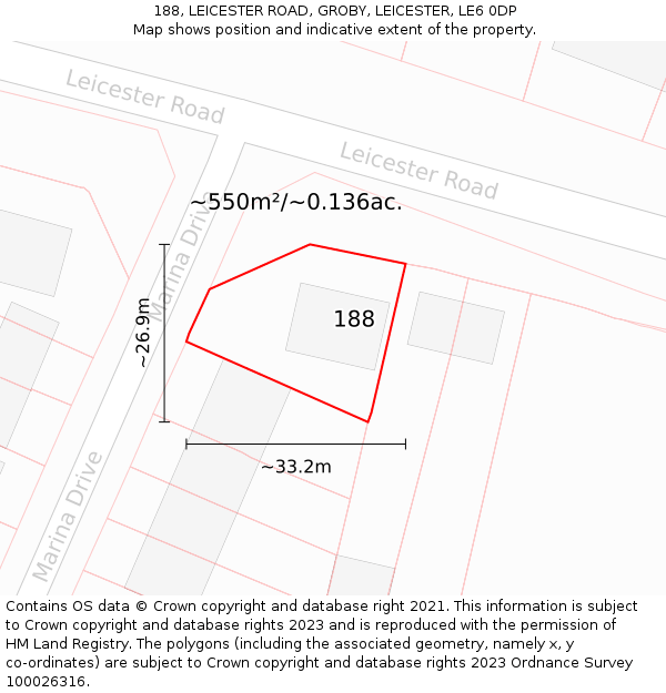 188, LEICESTER ROAD, GROBY, LEICESTER, LE6 0DP: Plot and title map