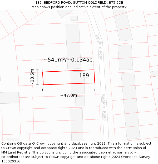 189, BEDFORD ROAD, SUTTON COLDFIELD, B75 6DB: Plot and title map