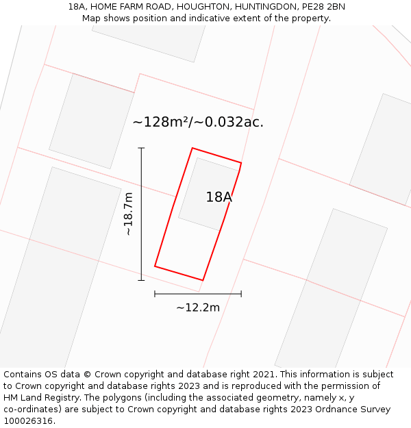 18A, HOME FARM ROAD, HOUGHTON, HUNTINGDON, PE28 2BN: Plot and title map