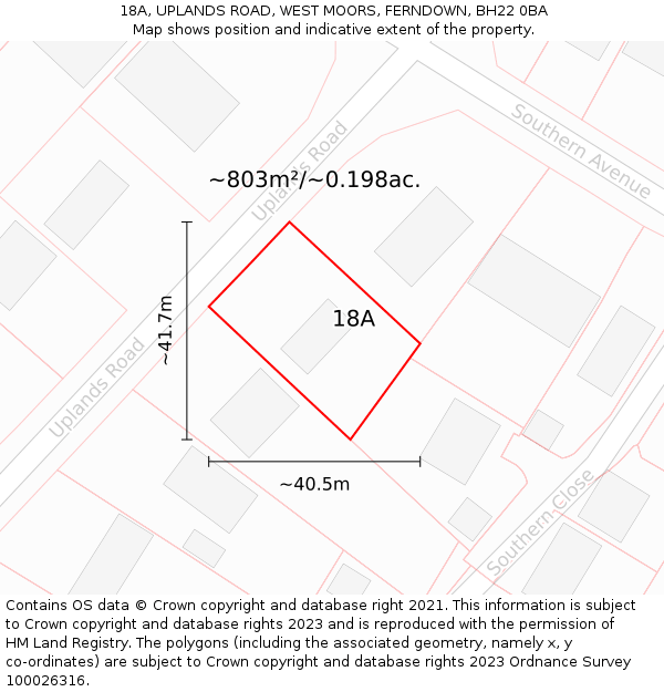 18A, UPLANDS ROAD, WEST MOORS, FERNDOWN, BH22 0BA: Plot and title map