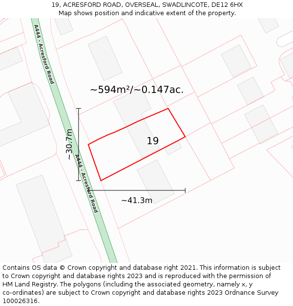 19, ACRESFORD ROAD, OVERSEAL, SWADLINCOTE, DE12 6HX: Plot and title map