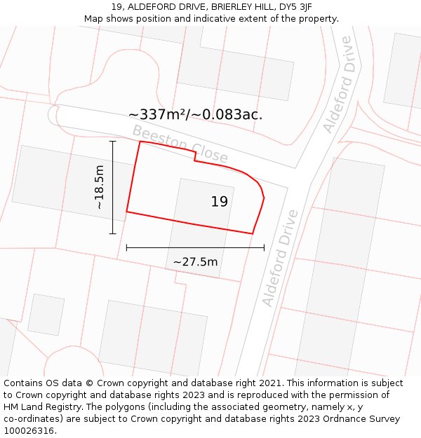 19, ALDEFORD DRIVE, BRIERLEY HILL, DY5 3JF: Plot and title map