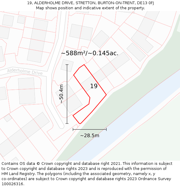 19, ALDERHOLME DRIVE, STRETTON, BURTON-ON-TRENT, DE13 0FJ: Plot and title map