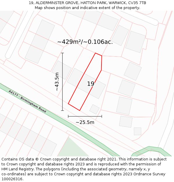 19, ALDERMINSTER GROVE, HATTON PARK, WARWICK, CV35 7TB: Plot and title map