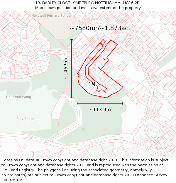 19, BARLEY CLOSE, KIMBERLEY, NOTTINGHAM, NG16 2PL: Plot and title map