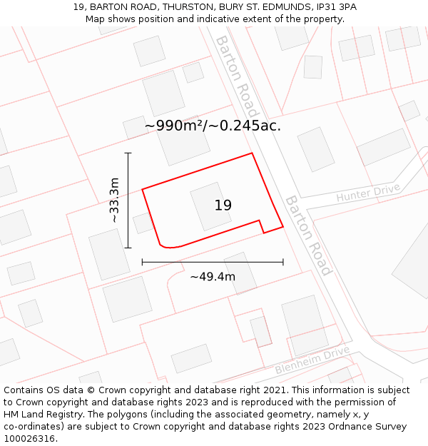 19, BARTON ROAD, THURSTON, BURY ST. EDMUNDS, IP31 3PA: Plot and title map