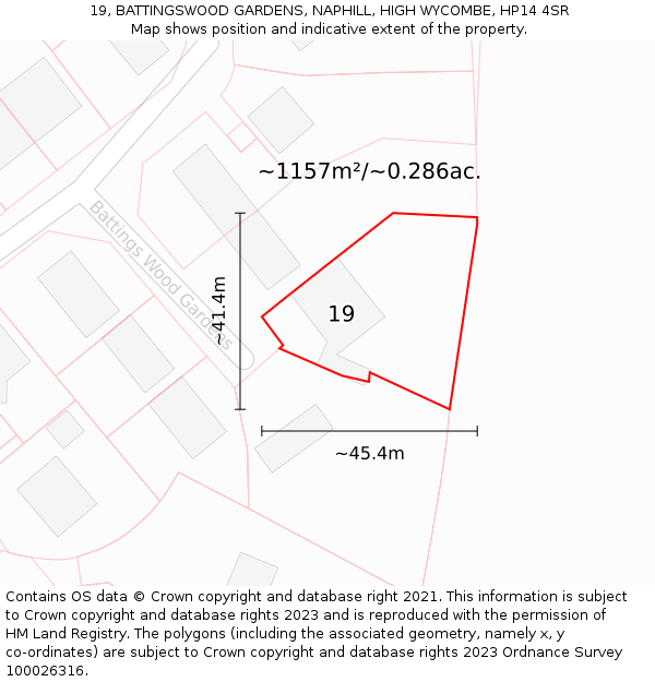 19, BATTINGSWOOD GARDENS, NAPHILL, HIGH WYCOMBE, HP14 4SR: Plot and title map