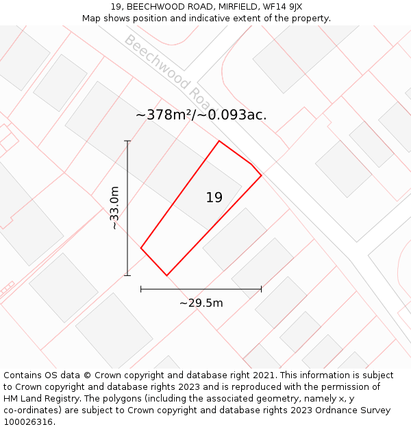 19, BEECHWOOD ROAD, MIRFIELD, WF14 9JX: Plot and title map