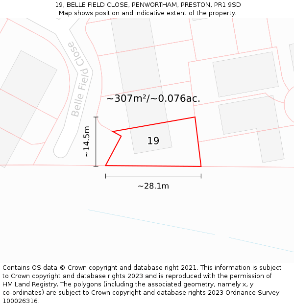 19, BELLE FIELD CLOSE, PENWORTHAM, PRESTON, PR1 9SD: Plot and title map
