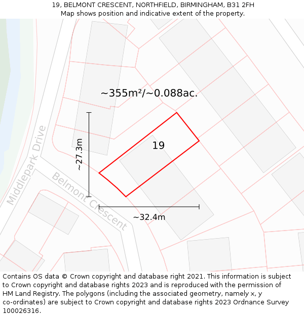 19, BELMONT CRESCENT, NORTHFIELD, BIRMINGHAM, B31 2FH: Plot and title map