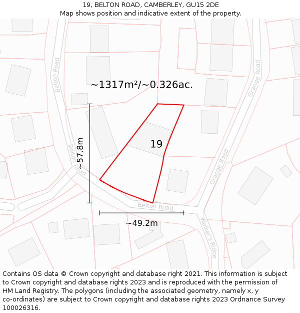 19, BELTON ROAD, CAMBERLEY, GU15 2DE: Plot and title map