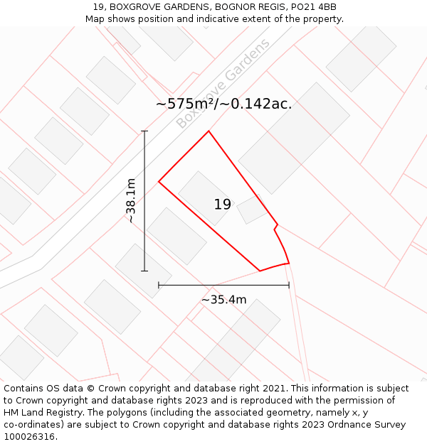 19, BOXGROVE GARDENS, BOGNOR REGIS, PO21 4BB: Plot and title map