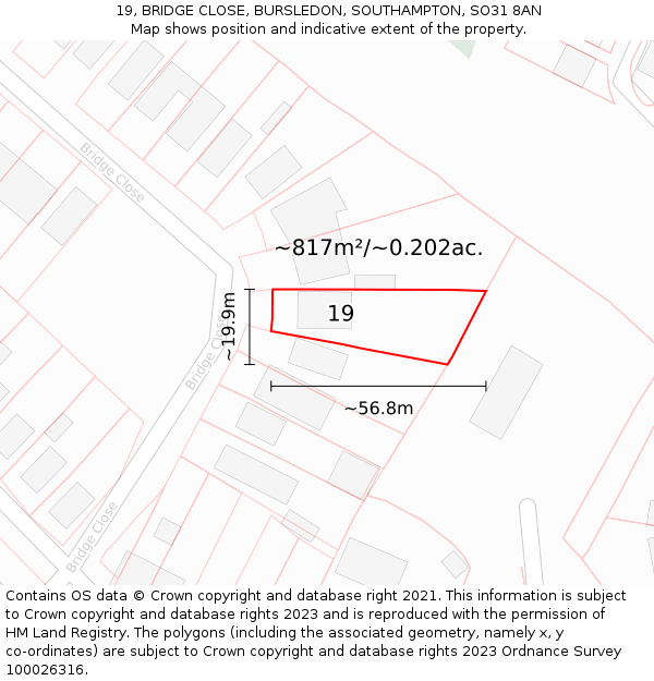 19, BRIDGE CLOSE, BURSLEDON, SOUTHAMPTON, SO31 8AN: Plot and title map