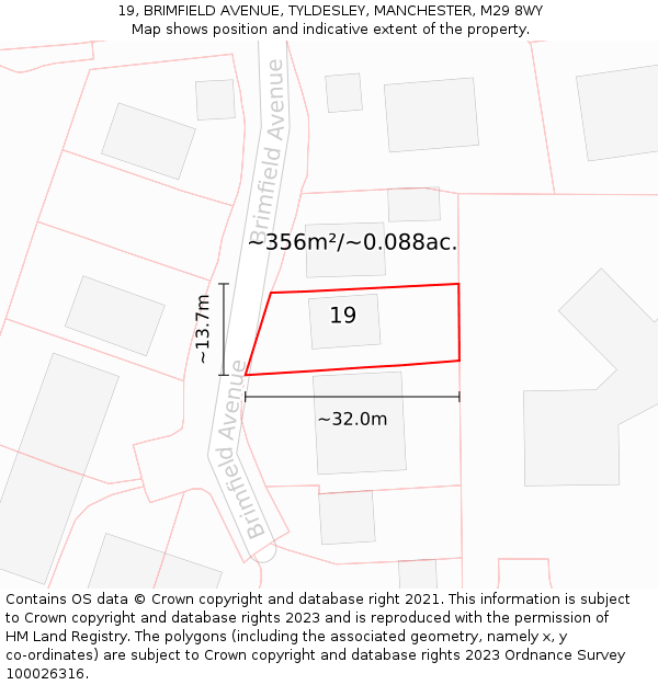 19, BRIMFIELD AVENUE, TYLDESLEY, MANCHESTER, M29 8WY: Plot and title map