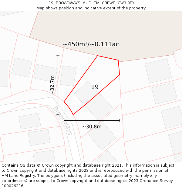 19, BROADWAYS, AUDLEM, CREWE, CW3 0EY: Plot and title map