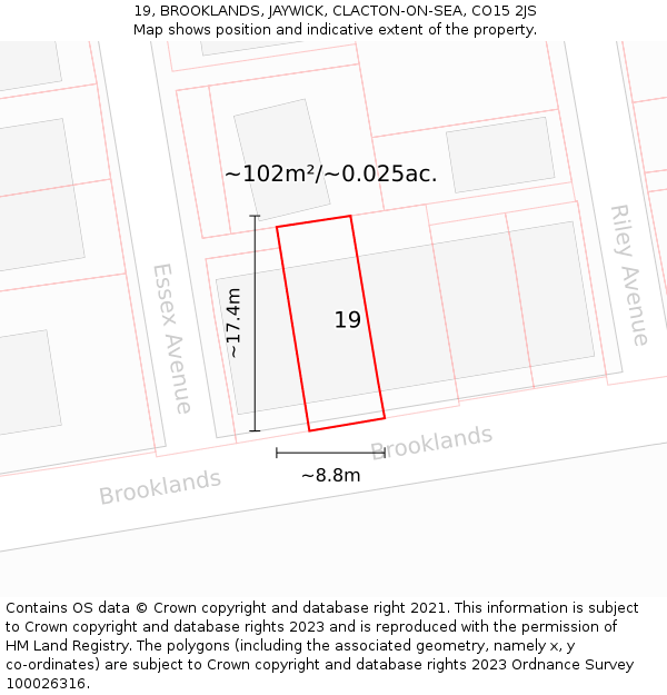 19, BROOKLANDS, JAYWICK, CLACTON-ON-SEA, CO15 2JS: Plot and title map