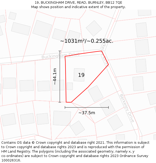 19, BUCKINGHAM DRIVE, READ, BURNLEY, BB12 7QE: Plot and title map