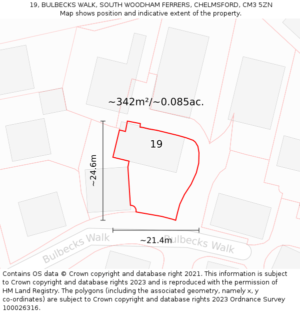 19, BULBECKS WALK, SOUTH WOODHAM FERRERS, CHELMSFORD, CM3 5ZN: Plot and title map