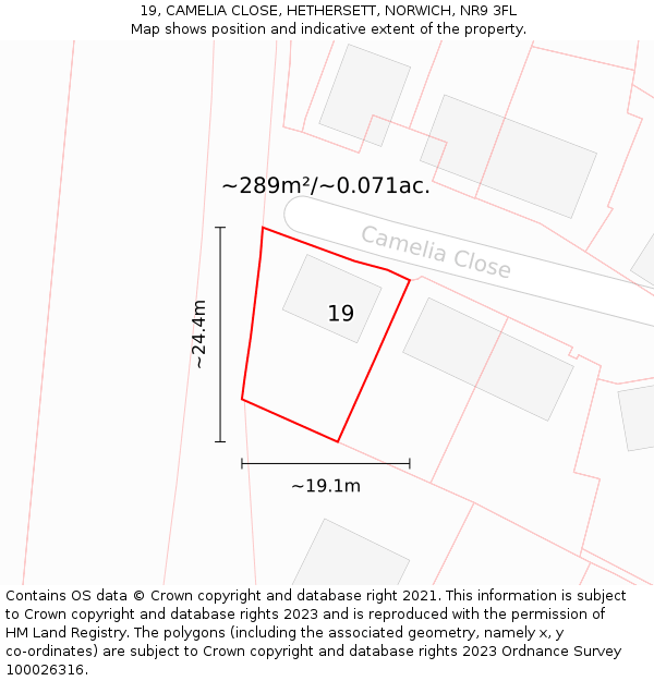 19, CAMELIA CLOSE, HETHERSETT, NORWICH, NR9 3FL: Plot and title map