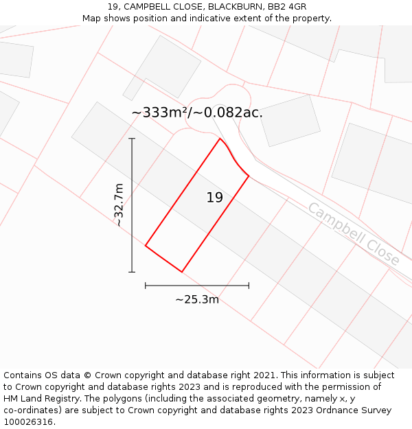 19, CAMPBELL CLOSE, BLACKBURN, BB2 4GR: Plot and title map