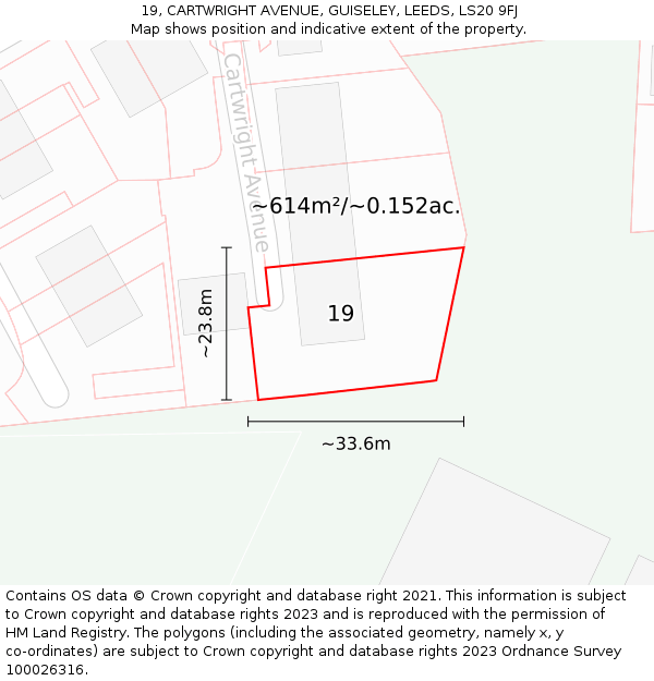 19, CARTWRIGHT AVENUE, GUISELEY, LEEDS, LS20 9FJ: Plot and title map