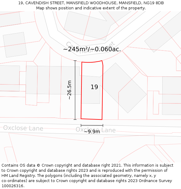 19, CAVENDISH STREET, MANSFIELD WOODHOUSE, MANSFIELD, NG19 8DB: Plot and title map