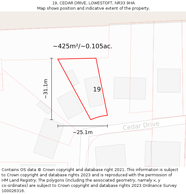 19, CEDAR DRIVE, LOWESTOFT, NR33 9HA: Plot and title map