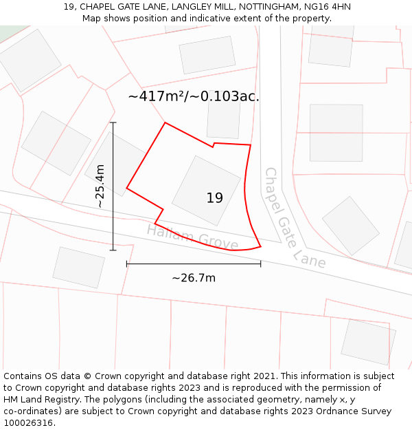 19, CHAPEL GATE LANE, LANGLEY MILL, NOTTINGHAM, NG16 4HN: Plot and title map