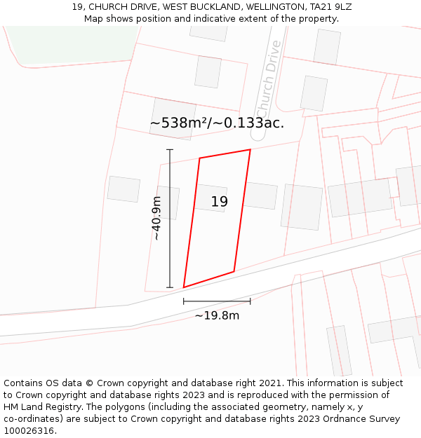 19, CHURCH DRIVE, WEST BUCKLAND, WELLINGTON, TA21 9LZ: Plot and title map