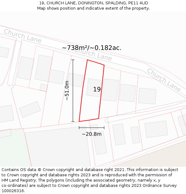 19, CHURCH LANE, DONINGTON, SPALDING, PE11 4UD: Plot and title map