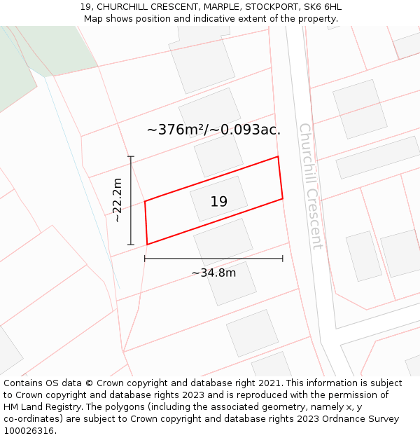 19, CHURCHILL CRESCENT, MARPLE, STOCKPORT, SK6 6HL: Plot and title map