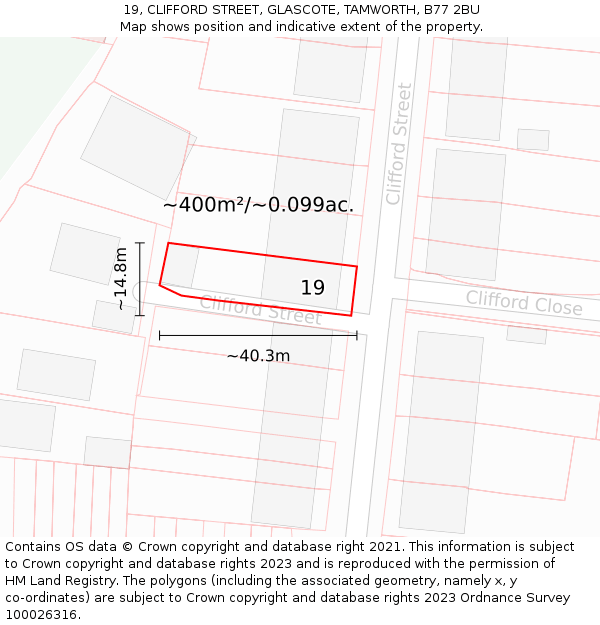 19, CLIFFORD STREET, GLASCOTE, TAMWORTH, B77 2BU: Plot and title map