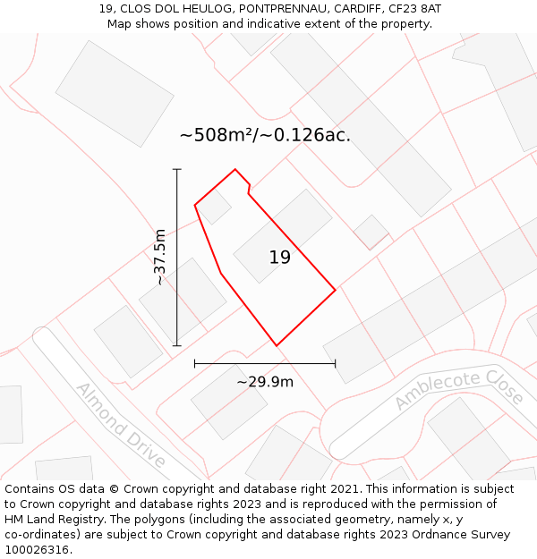 19, CLOS DOL HEULOG, PONTPRENNAU, CARDIFF, CF23 8AT: Plot and title map