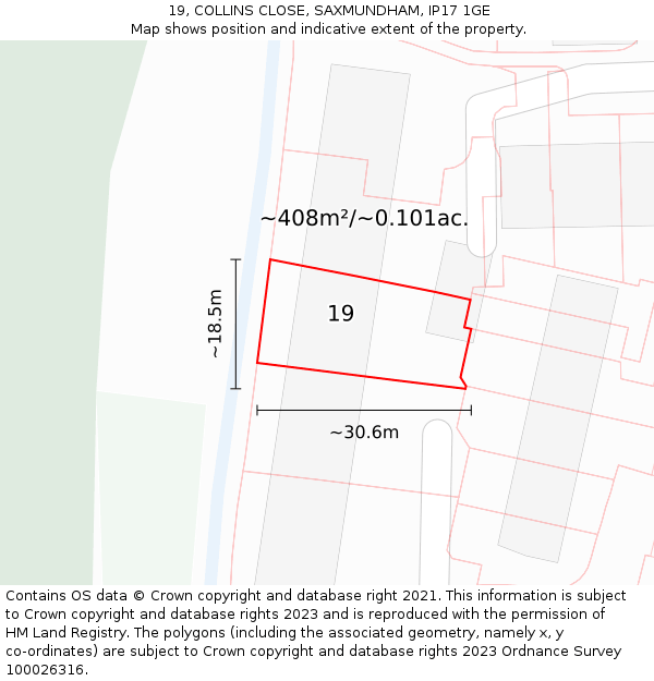 19, COLLINS CLOSE, SAXMUNDHAM, IP17 1GE: Plot and title map