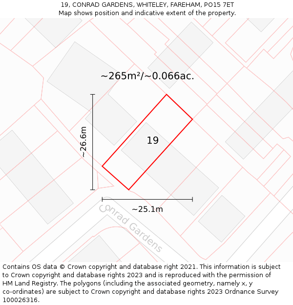 19, CONRAD GARDENS, WHITELEY, FAREHAM, PO15 7ET: Plot and title map