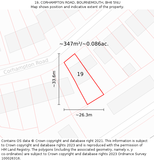 19, CORHAMPTON ROAD, BOURNEMOUTH, BH6 5NU: Plot and title map