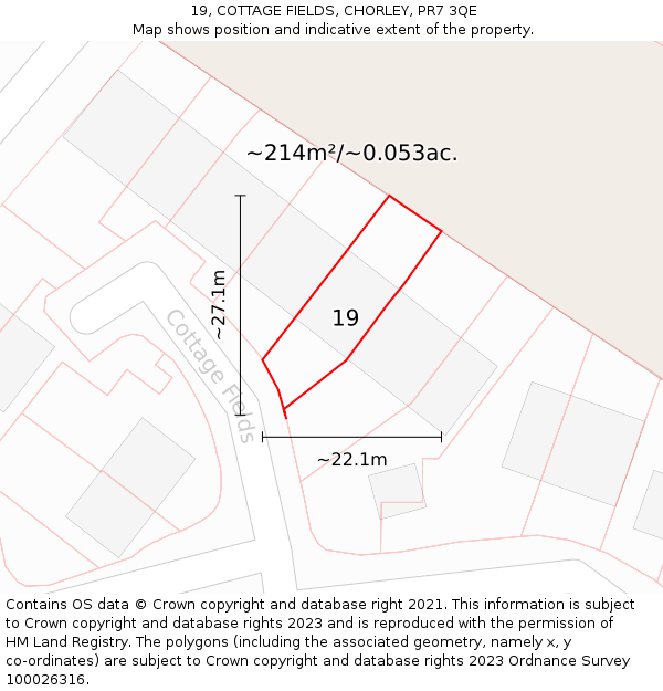 19, COTTAGE FIELDS, CHORLEY, PR7 3QE: Plot and title map