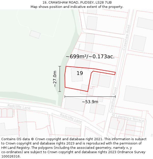 19, CRAWSHAW ROAD, PUDSEY, LS28 7UB: Plot and title map