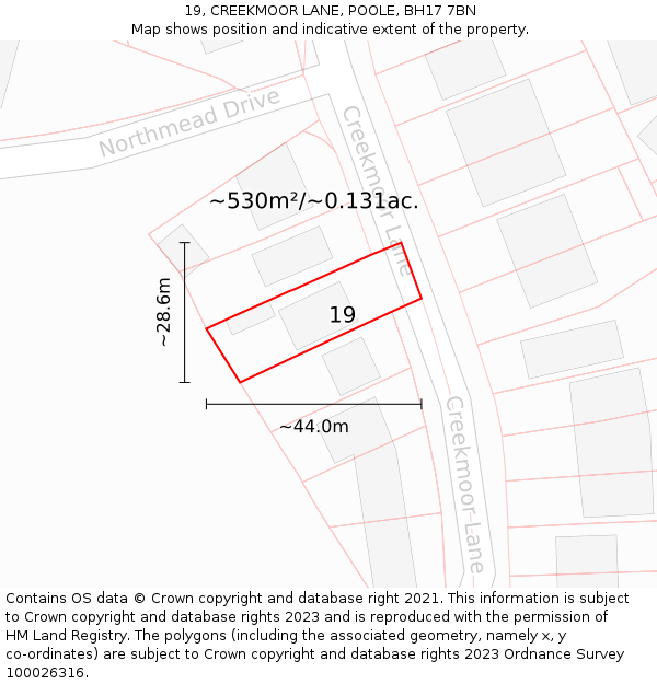 19, CREEKMOOR LANE, POOLE, BH17 7BN: Plot and title map