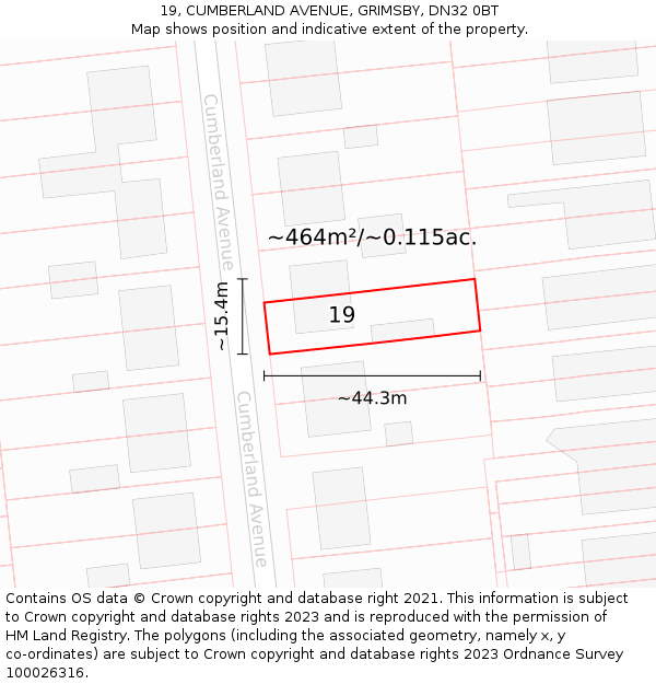 19, CUMBERLAND AVENUE, GRIMSBY, DN32 0BT: Plot and title map