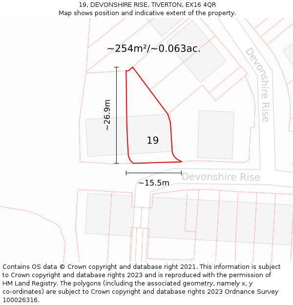 19, DEVONSHIRE RISE, TIVERTON, EX16 4QR: Plot and title map