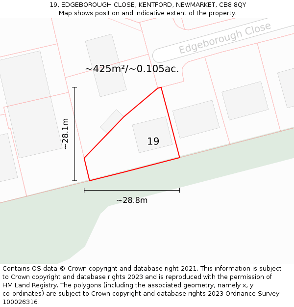 19, EDGEBOROUGH CLOSE, KENTFORD, NEWMARKET, CB8 8QY: Plot and title map