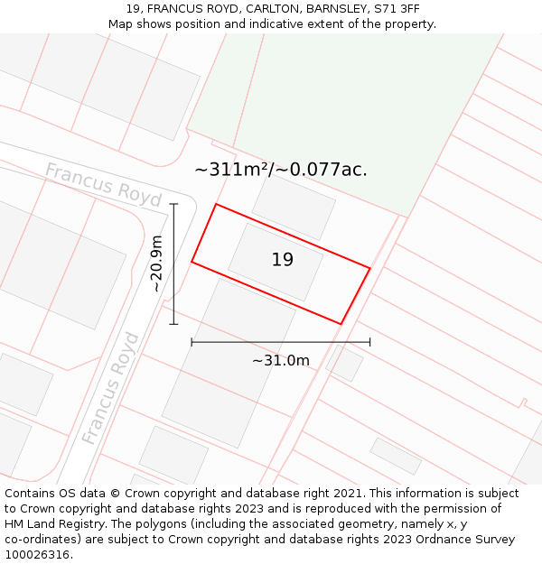 19, FRANCUS ROYD, CARLTON, BARNSLEY, S71 3FF: Plot and title map