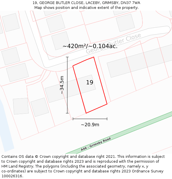 19, GEORGE BUTLER CLOSE, LACEBY, GRIMSBY, DN37 7WA: Plot and title map