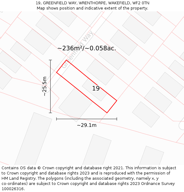 19, GREENFIELD WAY, WRENTHORPE, WAKEFIELD, WF2 0TN: Plot and title map