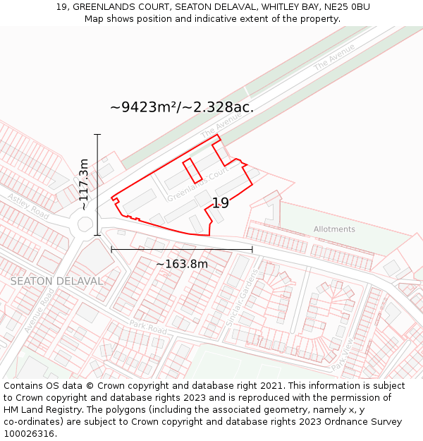 19, GREENLANDS COURT, SEATON DELAVAL, WHITLEY BAY, NE25 0BU: Plot and title map