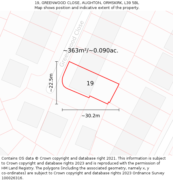 19, GREENWOOD CLOSE, AUGHTON, ORMSKIRK, L39 5BL: Plot and title map